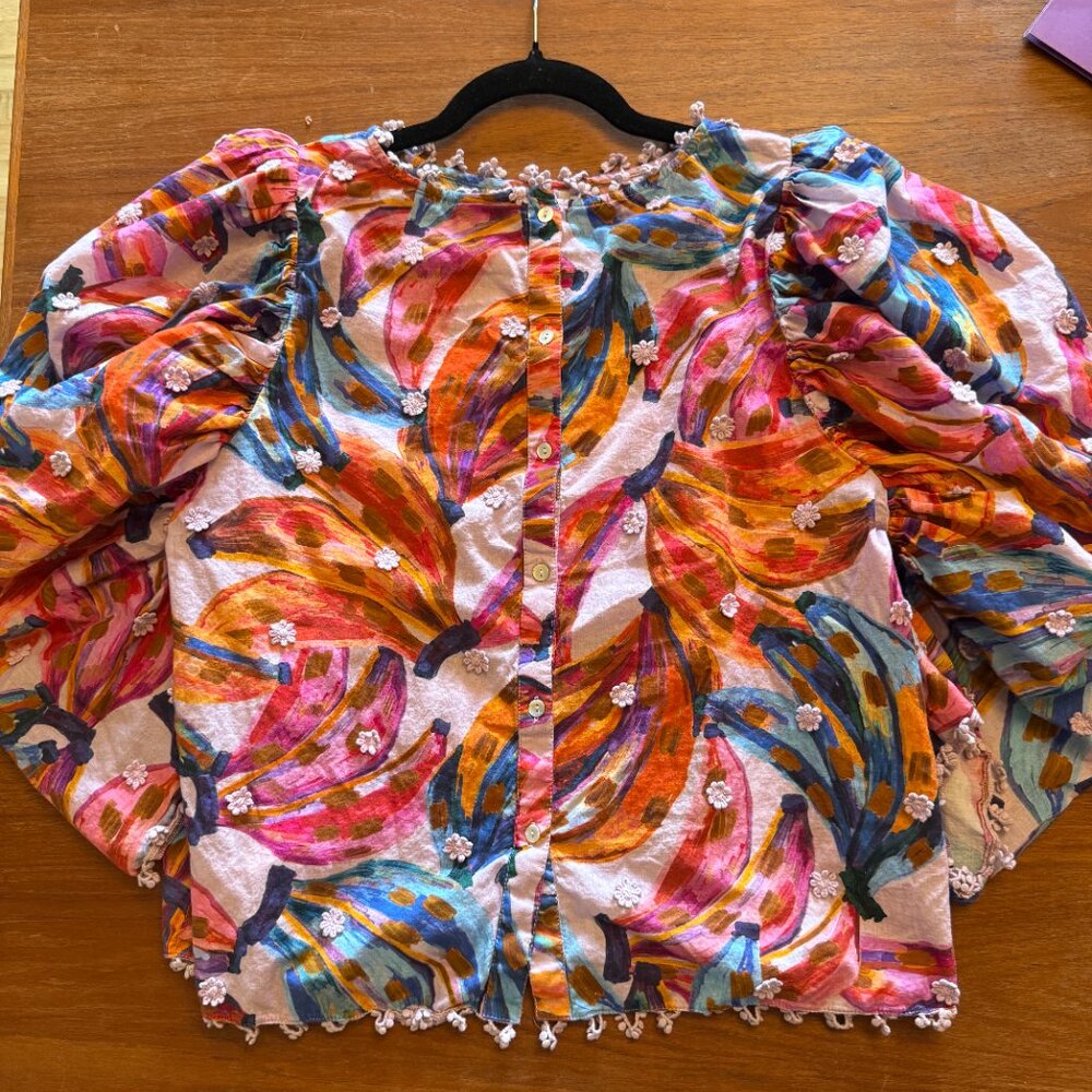 FARM Rio Pink Multicolor Puff-Sleeve Colored Bananas Print Blouse Large - Picture 3 of 11